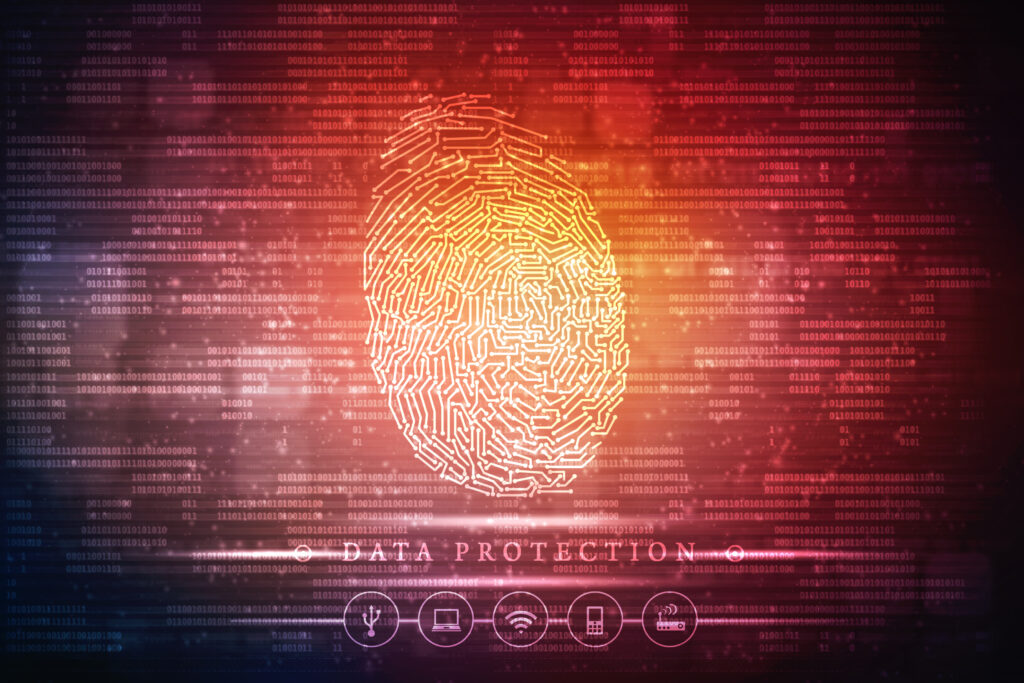 data protection graphic with a thumbprint on top of a red background of zeros and ones code