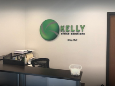 Kelly Office Solutions Charlotte location reception area with logo