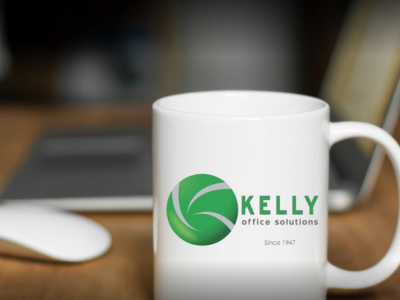 Close up of branded coffee cup with Kelly Office Solutions logo