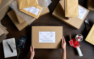 A workspace filled with shipping supplies, including labeled boxes, bubble mailers, and packing tools. Hands are preparing a package for shipment, emphasizing the efficiency and accuracy provided by a postage meter in streamlining shipping and labeling processes for businesses.