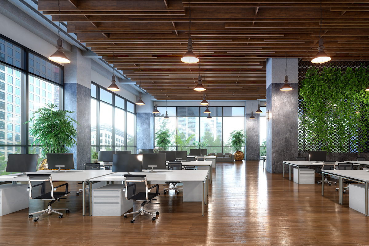 Open office with view from a large windows interior. 3d illustration